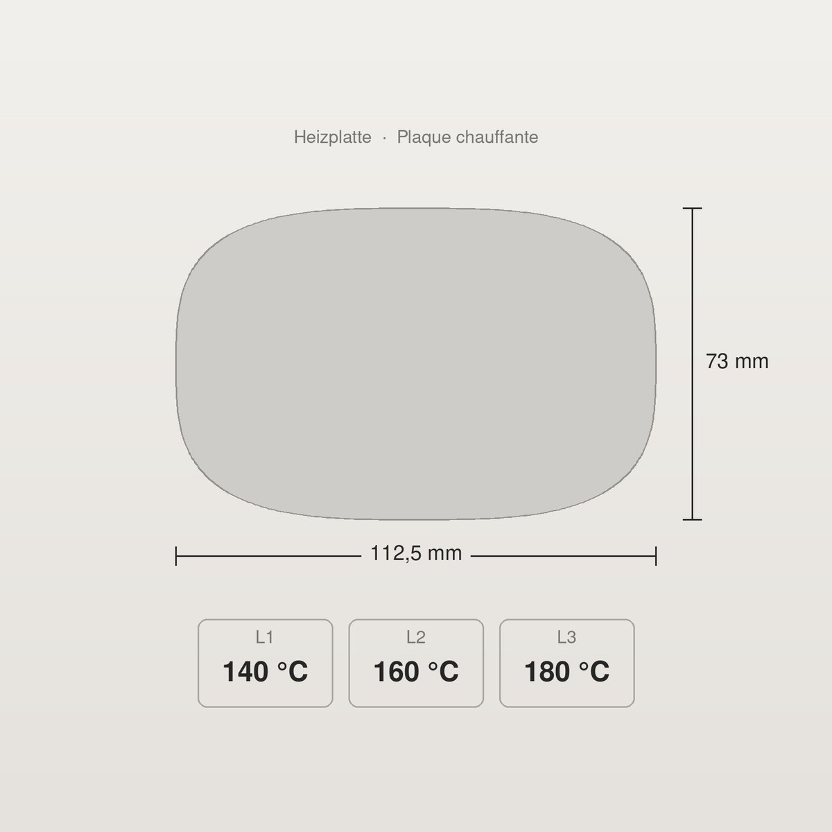 Heizplatte 112 × 73 mm, drei Stufen 140–180 °C